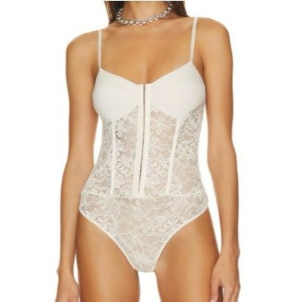 NEW Free People Intimately Size XL Lace Night Rhythm Mesh Corset Bodysuit Creme